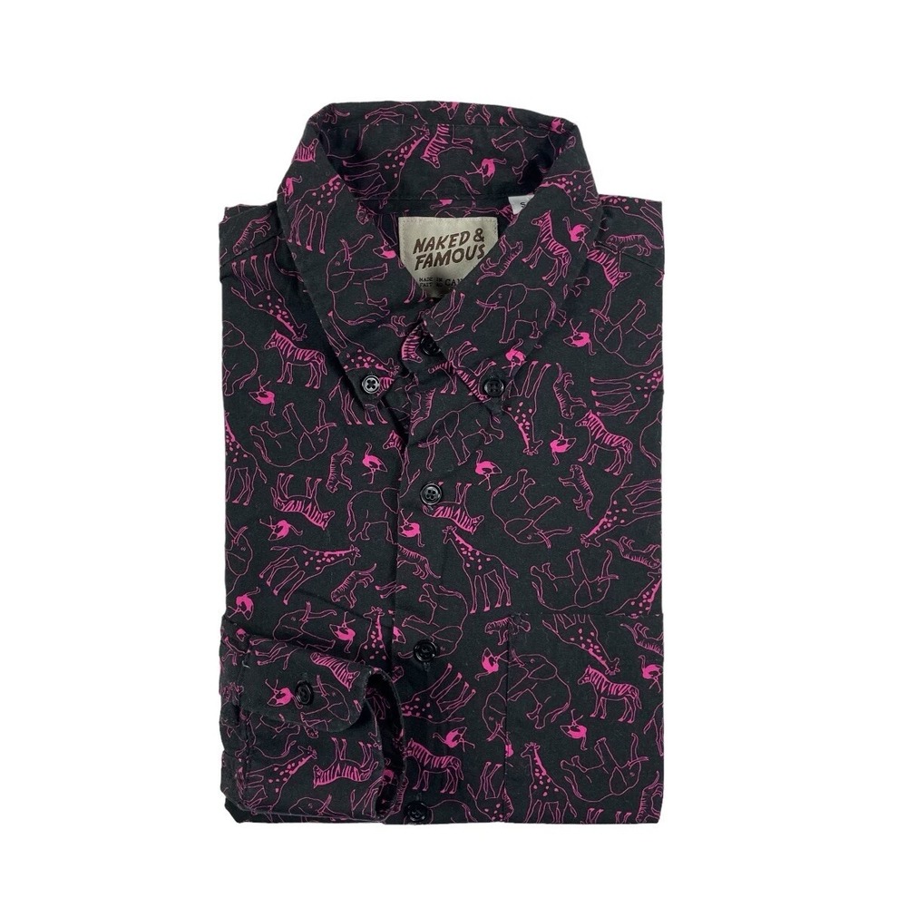 Naked & Famous Black Neon Pink African Animal Print Button Front Shirt Small